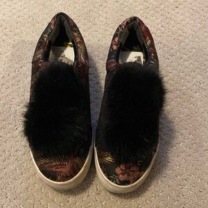 Sam Edelman silky embroidered shoes with black Pom poms